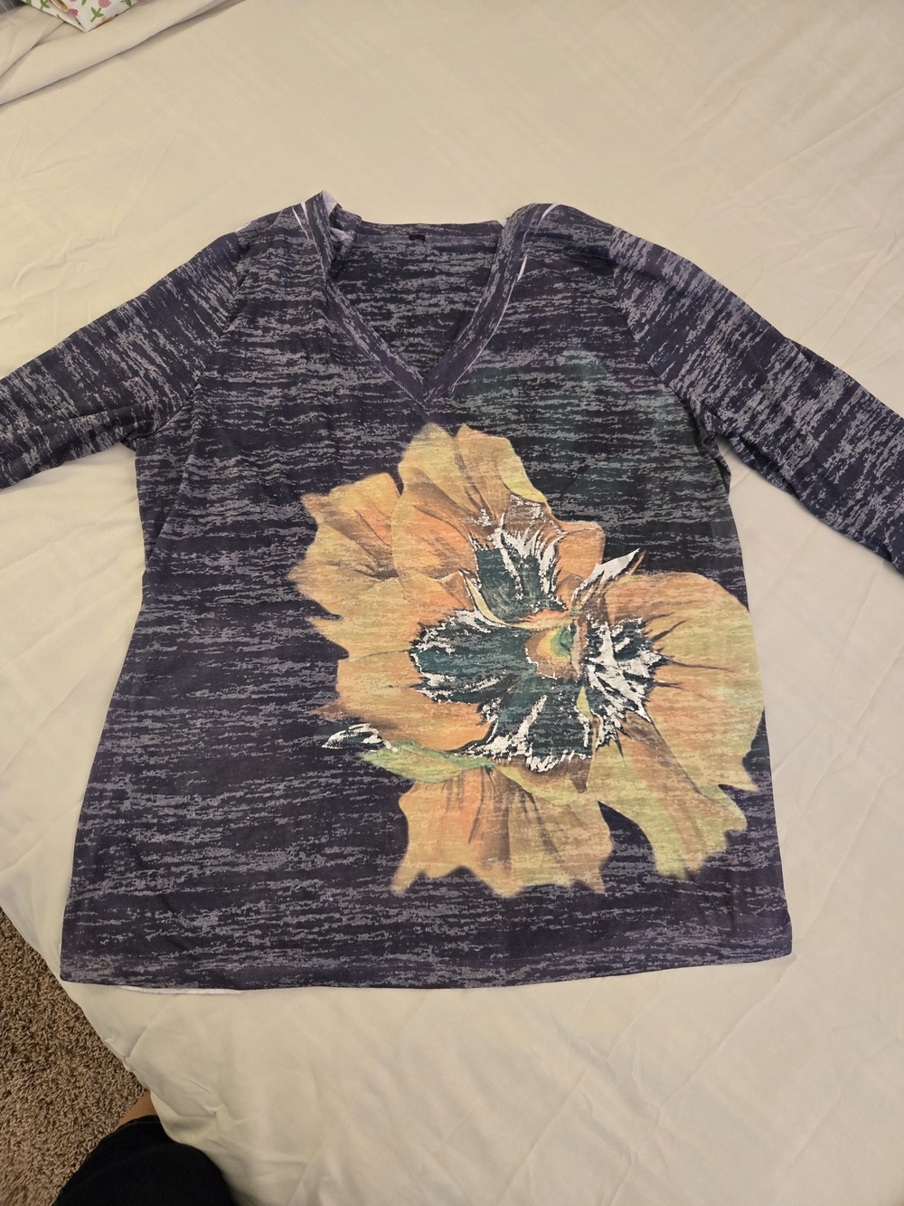 V-Neck Floral Graphic Top in Navy with Yellow Orange Flower
